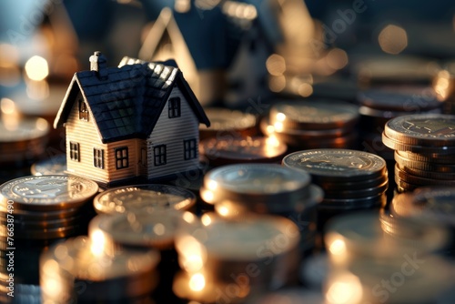 Miniature House on Stacks of Coins in Warm Light,Conceptual image of real estate investment and wealth growth