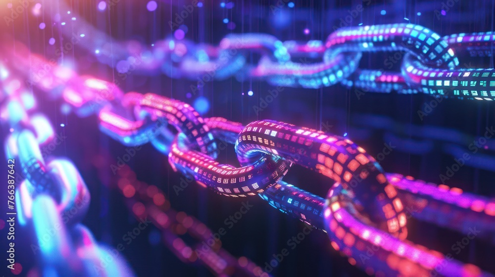 Representing the security concept, a colorful chain decorates a futuristic background, symbolizing safety, interconnectedness, and strength in unity.

