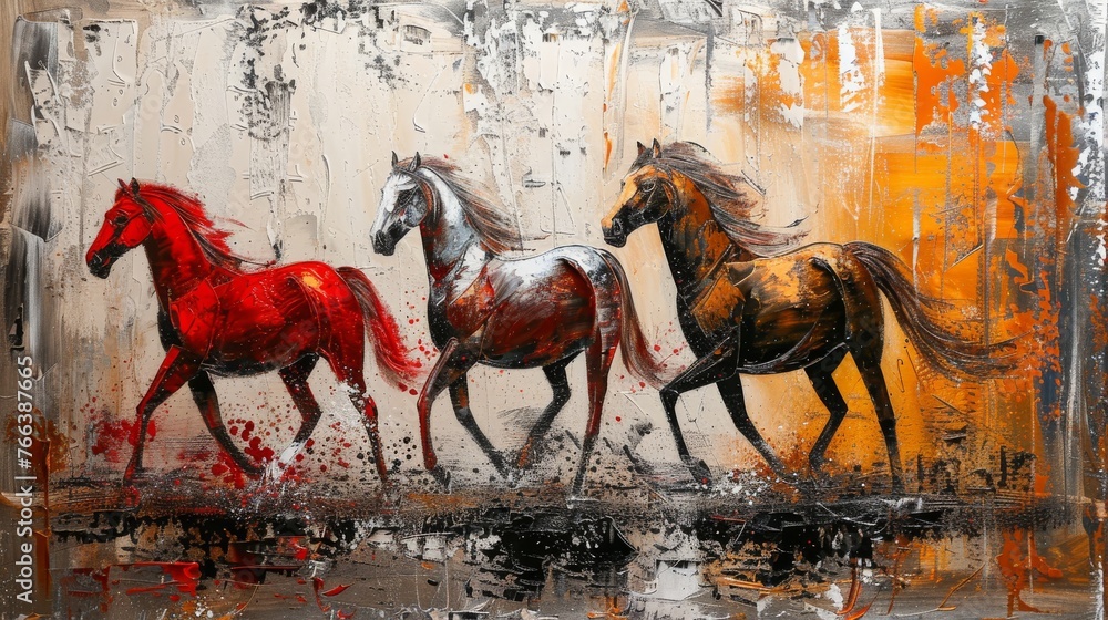 Fototapeta premium An abstract modern painting with metal elements, a texture background, animals, horses, etc.....