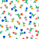 Abstract floral seamless pattern. Organic nature  botanical print.  Basic colorful naive shapes on a white background. Vector illustration
