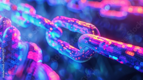 Safety, interconnectedness, and strength in unity are conveyed through a futuristic background adorned with a colorful chain, illustrating the security concept. 