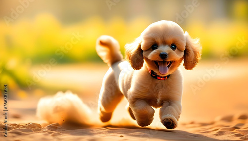 A cartoon drawing of a tan poodle puppy with its tongue out and rolling on the ground photo