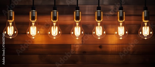 Numerous light bulbs are suspended in a line from a wooden wall panel, creating a unique and decorative lighting display