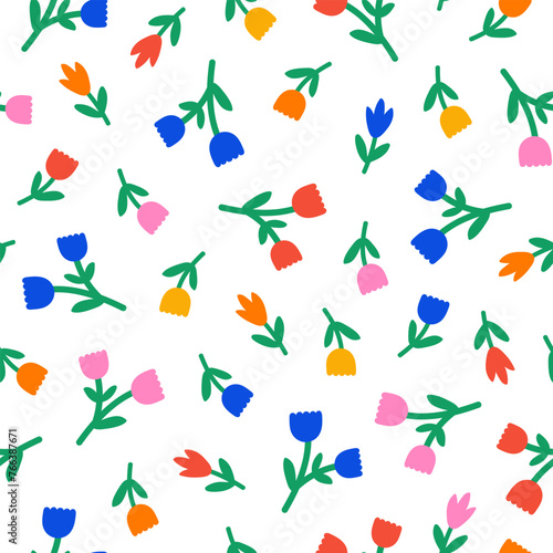 Abstract floral seamless pattern. Organic nature  botanical print.  Basic colorful naive shapes on a white background. Vector illustration #766387671