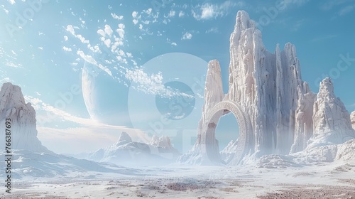 Captivating Frozen Realm of Fantastical Ice Castles and Soaring Spires in a Winter Wonderland