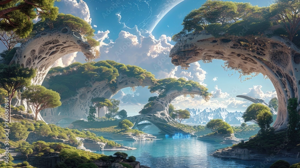 Immersive Fantasy Landscape with Captivating 3D of Towering Mountains,Serene Lake,and Enchanting Foliage
