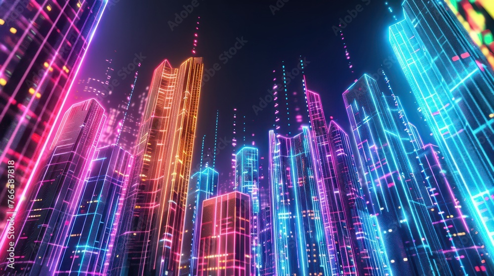The futuristic cityscape background features a cyberpunk concept and colorful neon lights.
