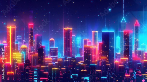 A cyberpunk concept with colorful neon lights creates a futuristic cityscape background. 