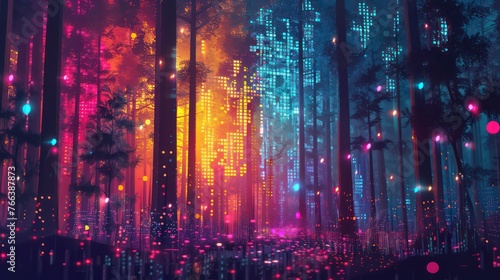 Futuristic background with neon data streaming up from the forest, featuring vivid colors and pixel art