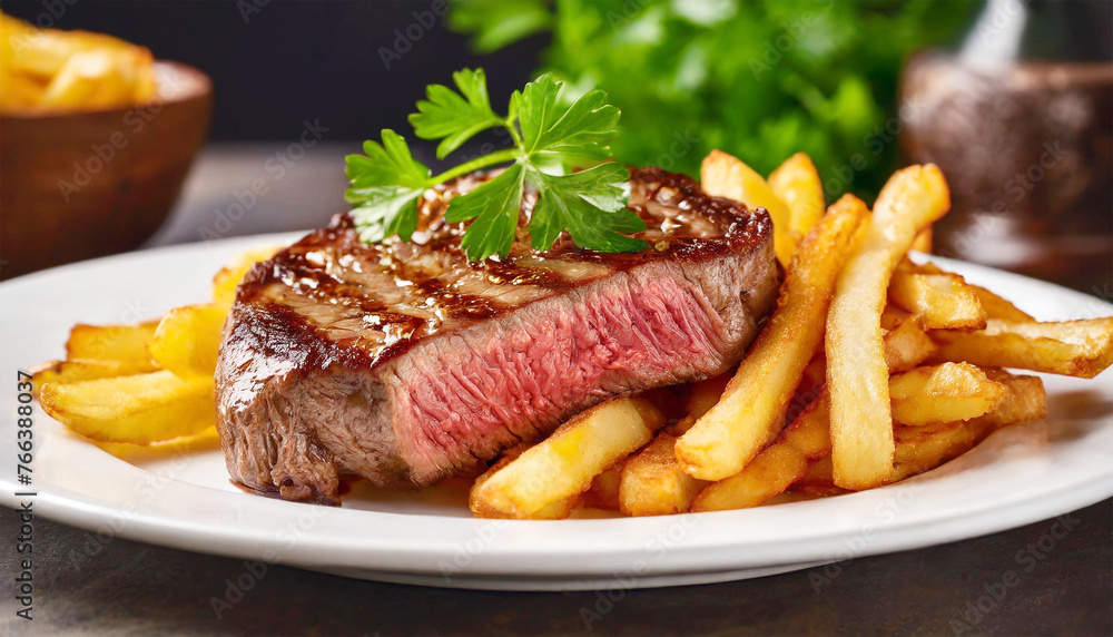 Medium-rare steak served on a white plate with crispy golden fries.