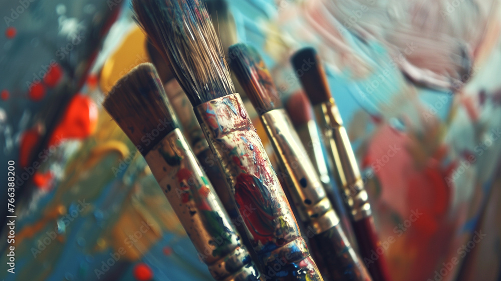 Fototapeta premium close-up painter's brushes stained with paint, and in the background a canvas painted with acrylic or oil - artistic wallpaper from a workshop