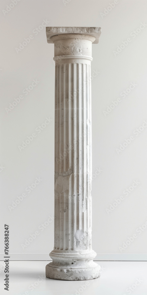 Classical Greek column with weathered textures against a minimalist white backdrop, evoking historical and architectural themes in a museum Classical Greek column with weathered textures against a minimalist white backdrop, evoking historical and architectural themes in a museum