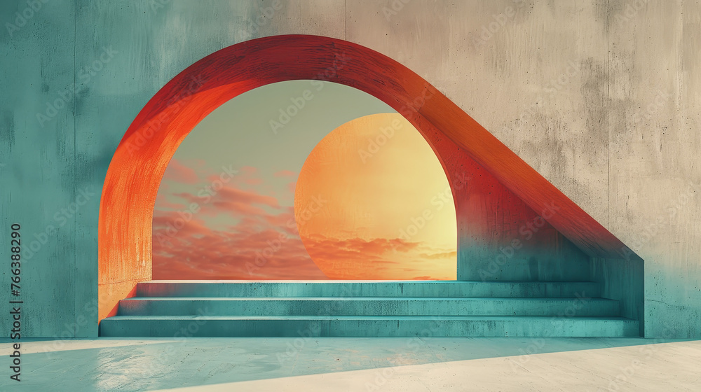 Surreal red arch creating a bold entrance into beautiful sunset.
