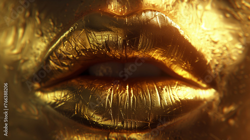 Close up mouth with golden skin and glossy lips ready for a kiss eroticism, sensuality, and feminine divinity.