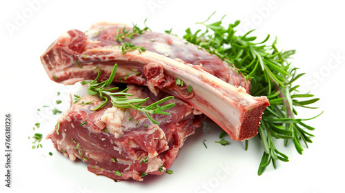 Fresh lamb chops garnished with vibrant green rosemary sprigs, showcasing the meat’s rich marbling and bone structure, isolated over white background