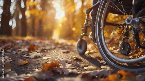 Close-up of wheelchair in autumnal park, with fallen leaves and golden sunlight, depicting mobility and independence during the fall season