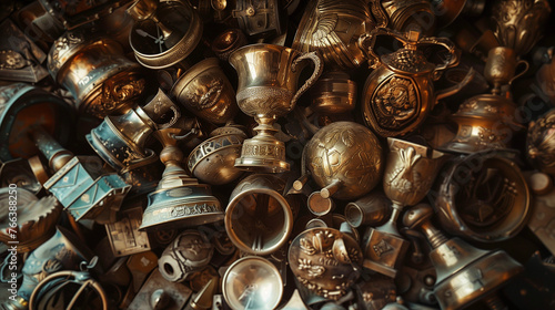 Ancient medieval treasures with golden metal chalices and cups, seen from above - the wealth of a monarch or a pirate. © Domingo