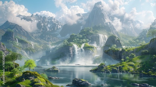 Enchanting Fantastical Landscape of Cascading Waterfalls,Soaring Mountains,and Lush Verdant Foliage in a Dreamlike Realm of Endless and Imagination