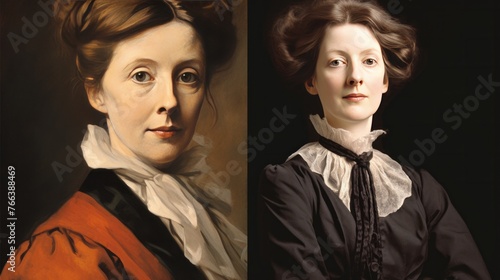 Two women are shown in a painting, one with a white collar and the other with a black one. The woman with the white collar is wearing a red dress photo