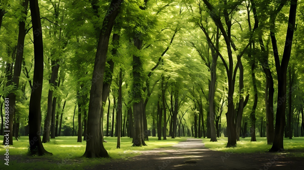 A cluster of tall, slender trees standing in perfect harmony, their lush green leaves forming a dense canopy. A cluster of tall, slender trees standing in perfect harmony, their lush green leaves forming a dense canopy.