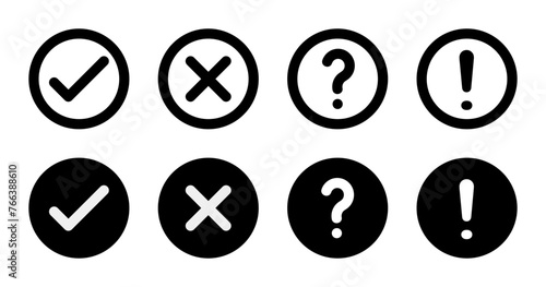 check cross, question mark and exclamation point, round thin line vector signs and solid circle icons set