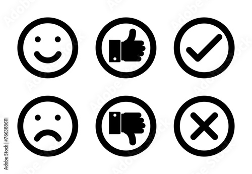 smile faces, thumbs up and down, check mark and cross icons set