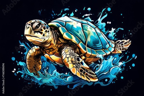 Serene turtle gracefully swimming through water amidst trail of bubbles. For fashion, clothing design, animal themed clothing advertising, as illustration for interesting clothing style,Tshirt design. photo