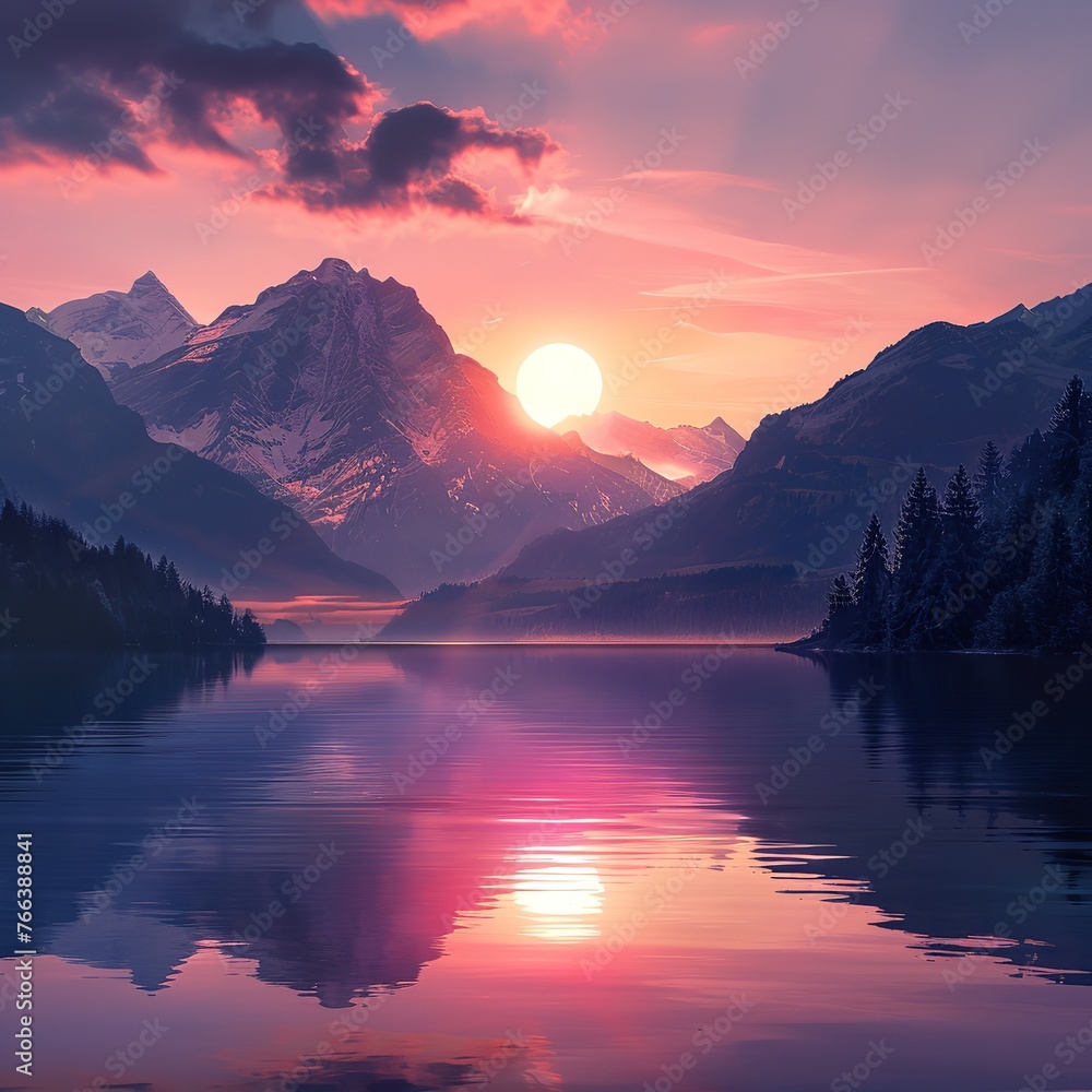 As the sun sets behind the mountains, casting its golden glow, a tranquil lake mirrors the breathtaking scenery, creating an impeccable reflection.