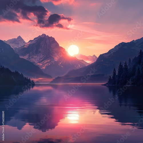 As the sun sets behind the mountains, casting its golden glow, a tranquil lake mirrors the breathtaking scenery, creating an impeccable reflection.