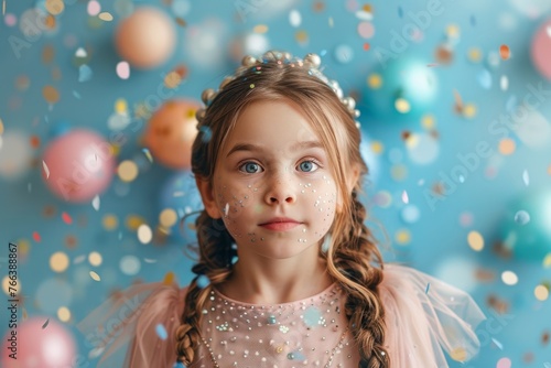A 6-year-old girl in a princess costume stands on a blue background with balls and confetti