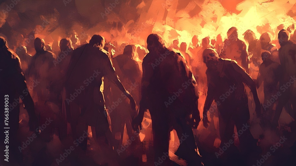 Silhouetted Figures Amid Raging Fire and Thick Smoke in Dramatic Apocalyptic Scene - obrazy, fototapety, plakaty 