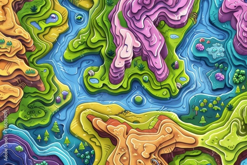 Vivid fantasy topographic map of colorful cartoon world, reminiscent of classic cartoons.