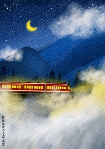 moon over the mountains and vintage trains running through the clouds.