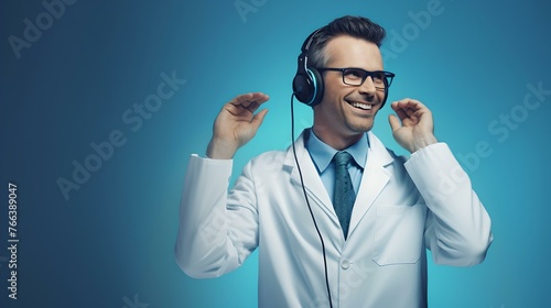 Joyful male healthcare professional vibing to music in headphones against blue background