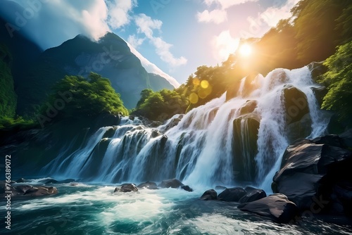 Sunlight dancing on a pristine waterfall  creating a breathtaking spectacle amidst lush mountain peaks