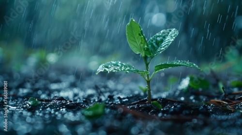 Young plant growing under rain