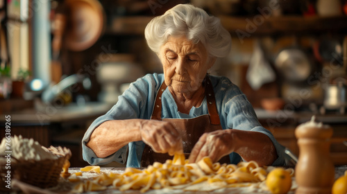Elderly Caucasian woman in apron preparing homemade pasta in a rustic kitchen, representing traditional cooking and family heritage