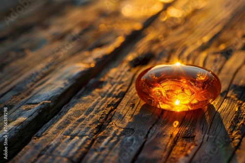 beautiful shiny amber stone on wooden table
