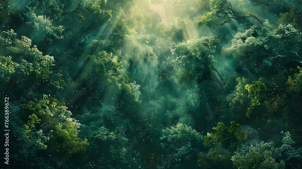 Top view of a dense forest canopy, interspersed with beams of sunlight, expansive, earthy tones, mural style, masterwork, backdrop, hyper-realistic