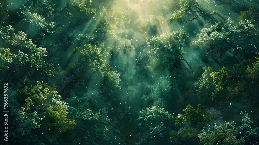 Fototapeta premium Top view of a dense forest canopy, interspersed with beams of sunlight, expansive, earthy tones, mural style, masterwork, backdrop, hyper-realistic