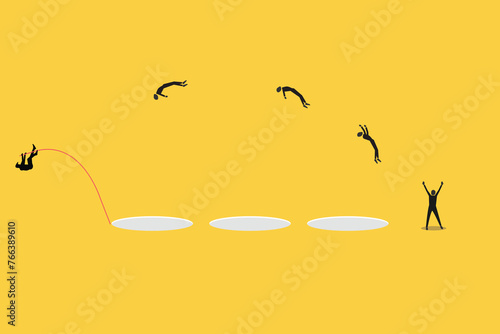 Pole jump across the hole to reach the target. concept of success, solution, challenge, opportunity and goal. Minimal Eps10 illustration