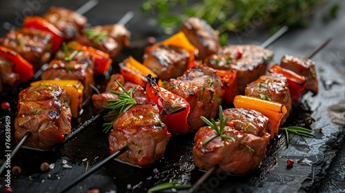 Grilled beef skewers with bell peppers, garnished with rosemary and spices on a dark stone background, ideal for barbecue parties or culinary websites photo