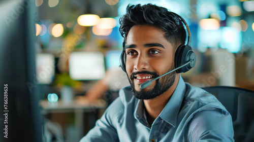 Friendly customer service representative with headset smiling at screen, tech support concept photo