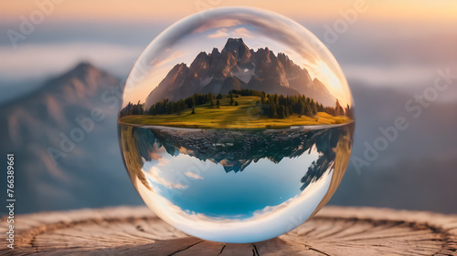 Crystal glass globe in the in nature concept for environment and conservation. . Earth crystal glass globe ball. AI generated image, ai © Koca
