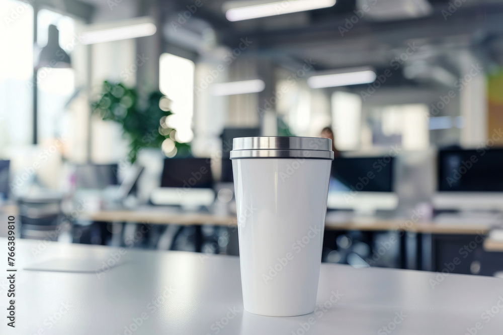 White insulated tumbler on an office table with a blurred open work space background White insulated tumbler on an office table with a blurred open work space background
