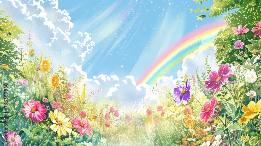 illustration of a colorful flower garden in spring and the appearance of a beautiful rainbow
