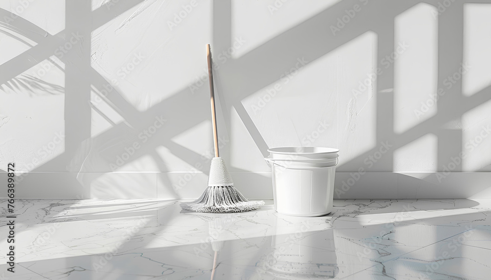 bucket, mop and rag on white marble floor in white room - obrazy, fototapety, plakaty 