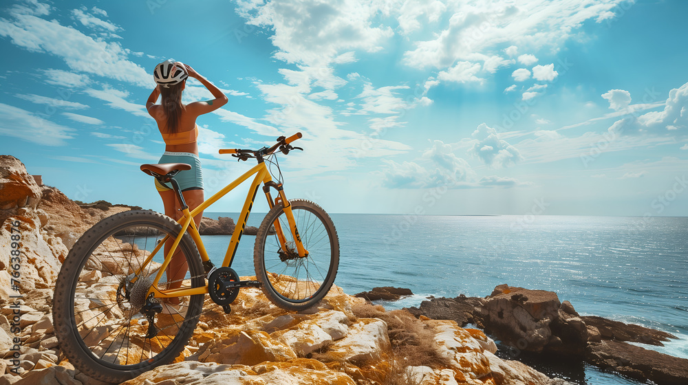 Fototapeta premium A woman in sportswear standing with her yellow mountain bike on the rocky shore near sea, holding up one hand to shield eyes from sun and looking into distance