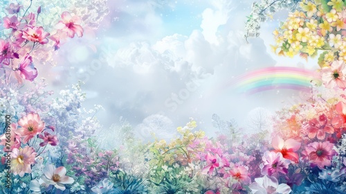 illustration of a colorful flower garden in spring and the appearance of a beautiful rainbow 