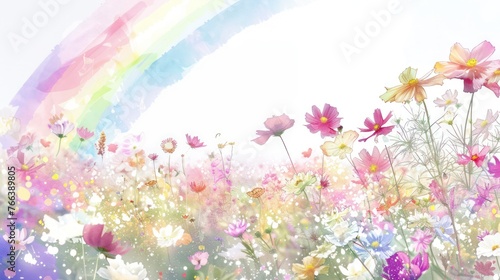 An illustration of a colorful flower garden in spring features the appearance of a beautiful rainbow. 